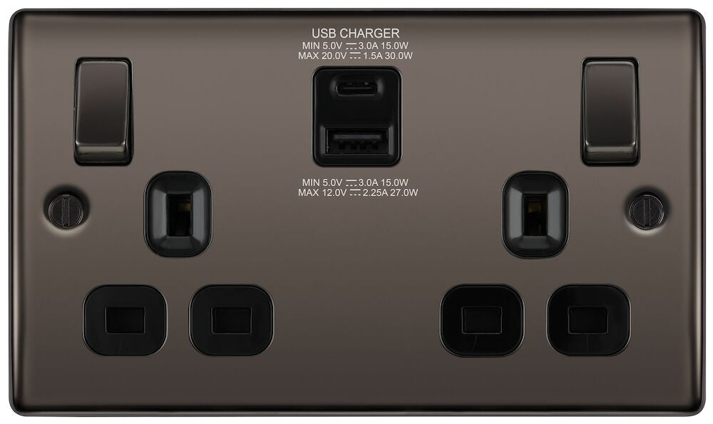 Nexus Metal Black Nickel Double 45W A+C USB Socket NBN22UAC45B - The Switch Depot