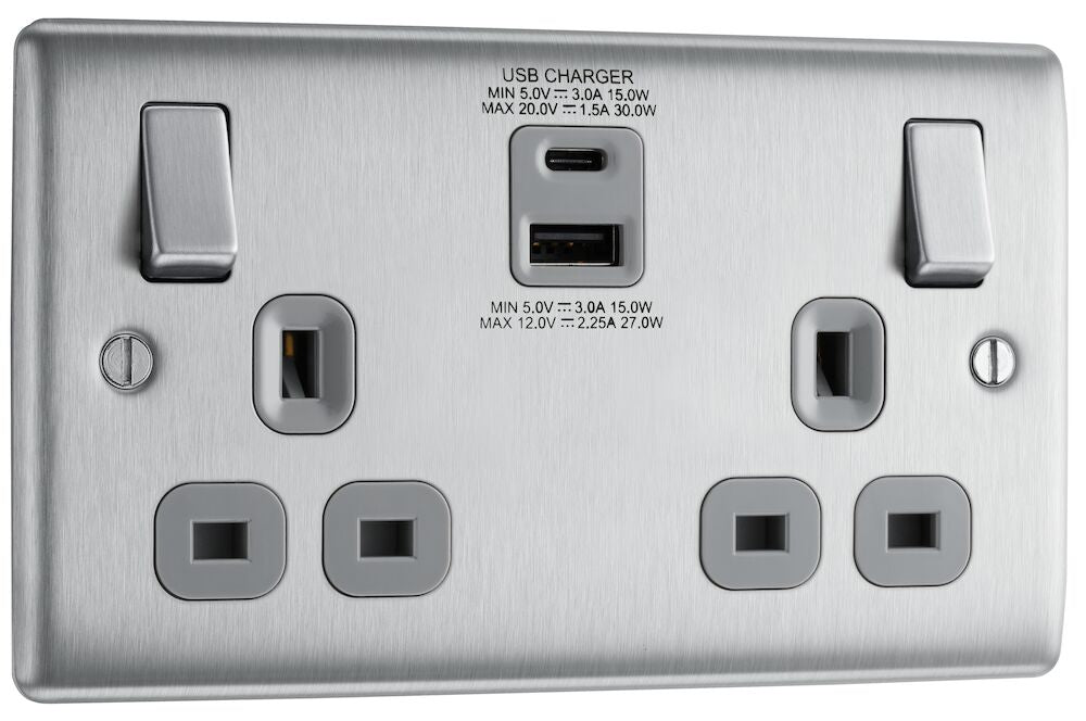 Nexus Metal Brushed Steel Double A+C USB Socket NBS22UAC45G - The Switch Depot