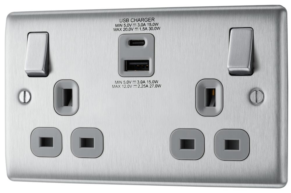 Nexus Metal Brushed Steel Double A+C USB Socket NBS22UAC45G - The Switch Depot