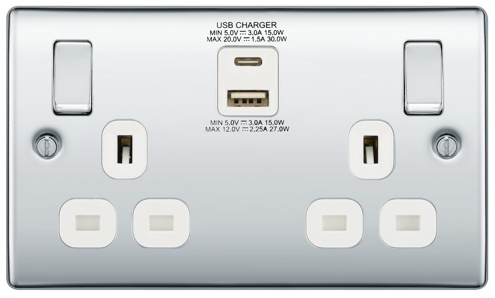 Nexus Metal Polished Chrome 13A Double USB Socket with 45W A+C Ports NPC22UAC45W - The Switch Depot