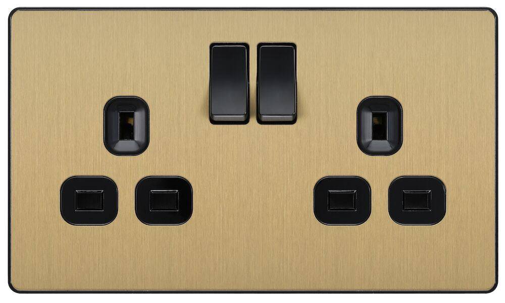 Evolve Polycarbonate Satin Brass Double Socket PCDSB22B - The Switch Depot