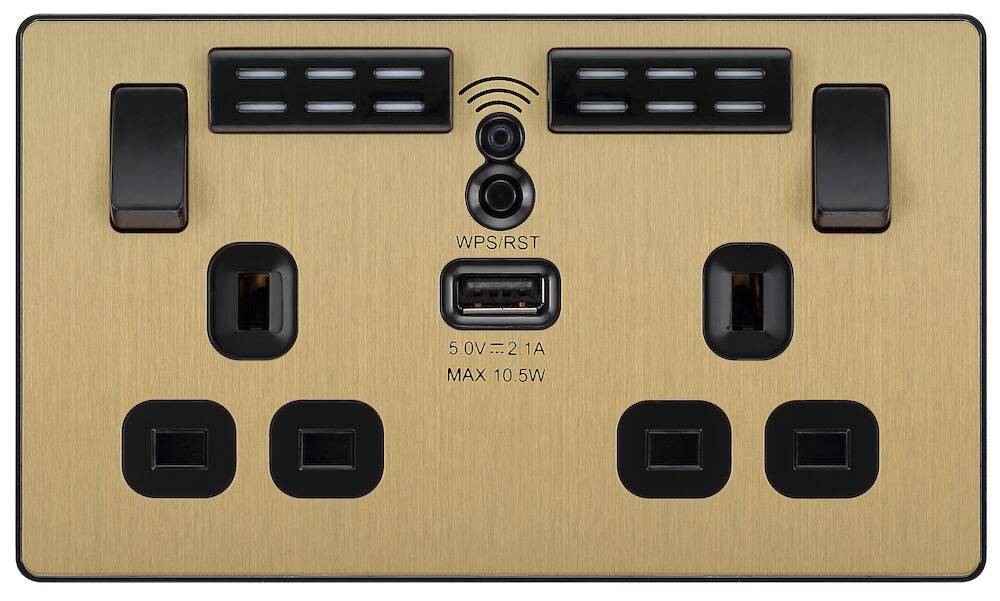 Evolve Polycarbonate Satin Brass Double USB Socket with WiFi Extender PCDSB22UWRB - The Switch Depot