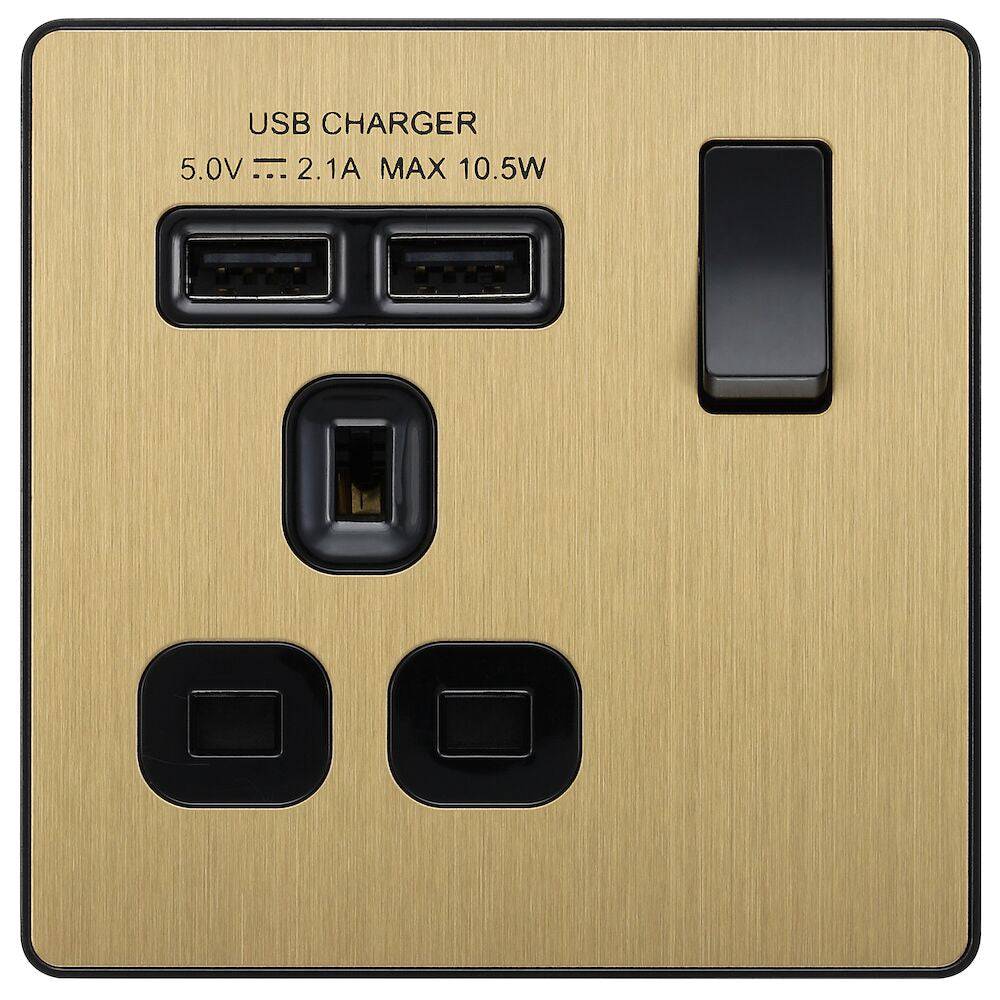 Evolve Polycarbonate Satin Brass Single USB Socket PCDSB21U2B - The Switch Depot