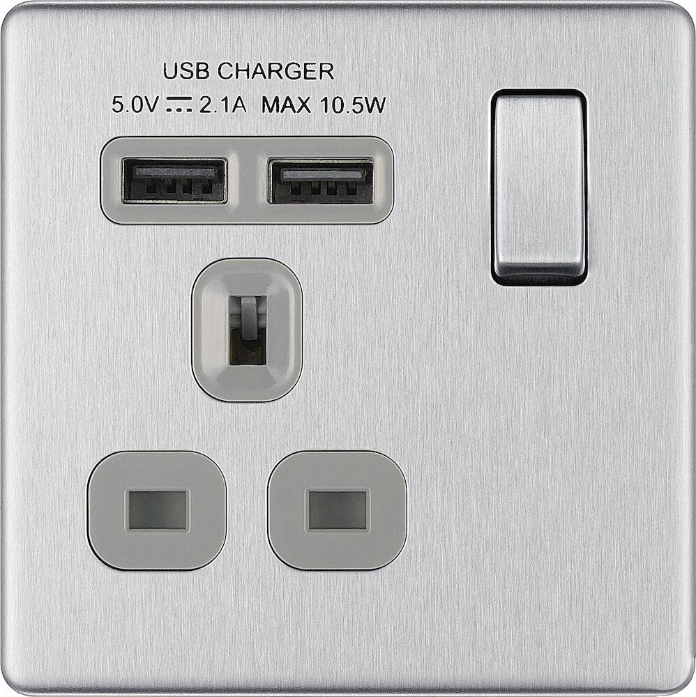 BG Screwless Brushed Steel Single USB Socket FBS21U2G - The Switch Depot