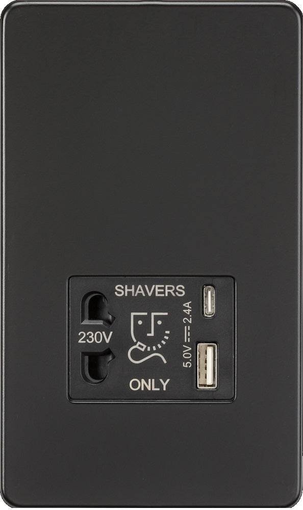 Knightsbridge Screwless Matt Black Shaver Socket with USB SF8909MB - The Switch Depot