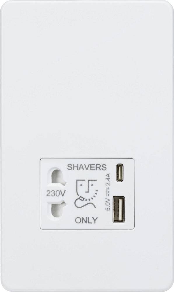Knightsbridge Screwless Matt White Shaver Socket with USB SF8909MW - The Switch Depot