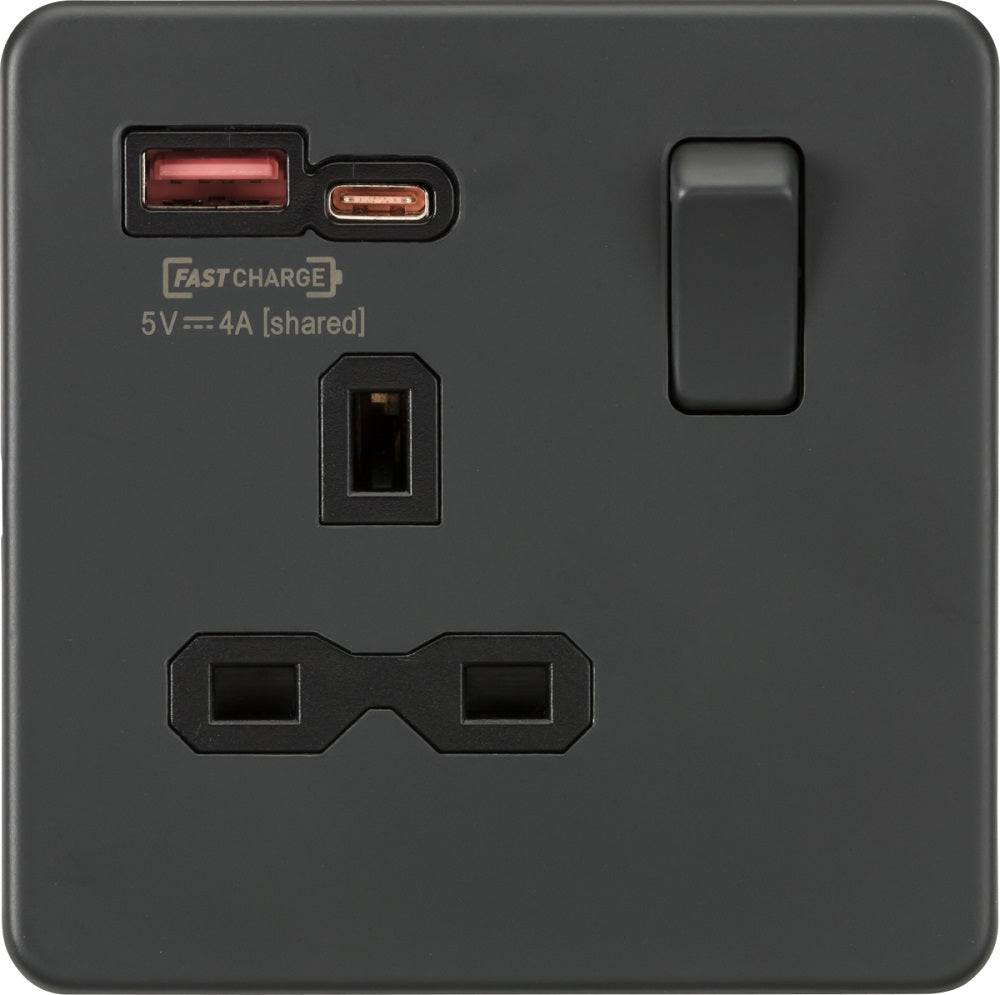 Knightsbridge Screwless Anthracite Single A+C USB Socket SFR9919AT - The Switch Depot