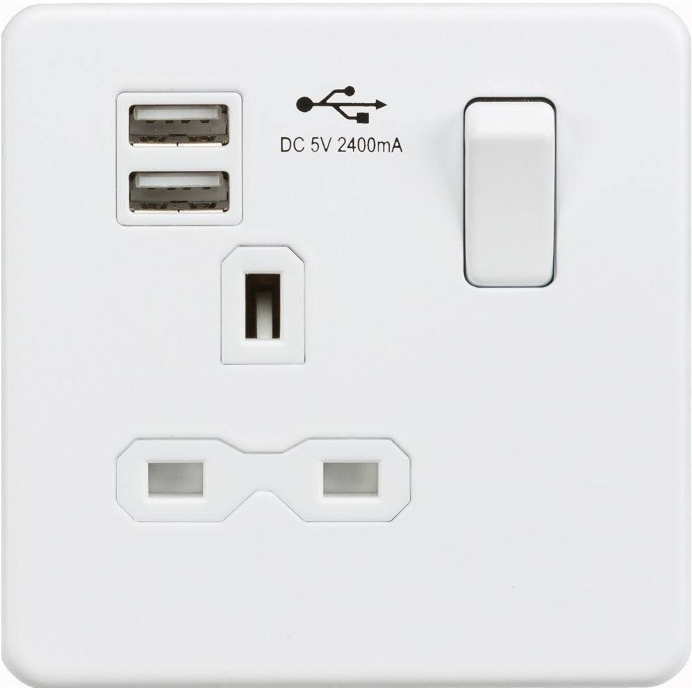 Knightsbridge Screwless Matt White Single USB Socket SFR9124MW The