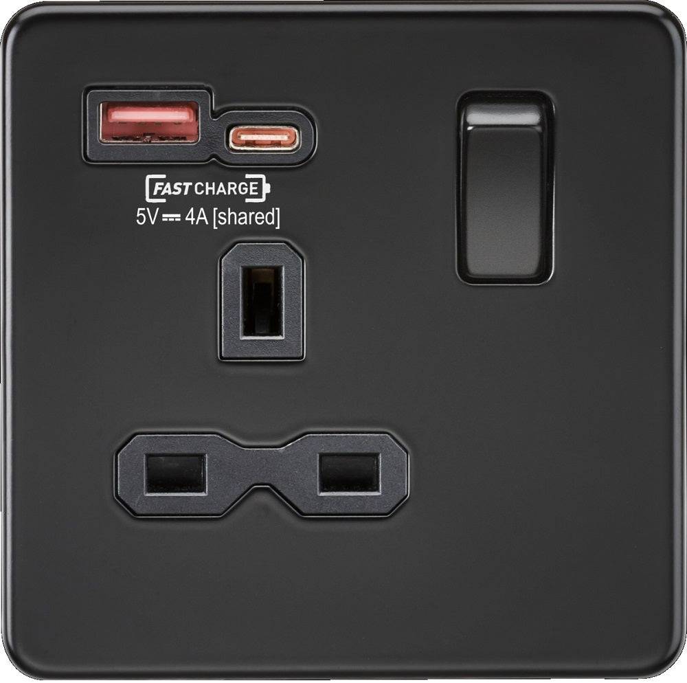 Knightsbridge Screwless Matt Black Single A+C USB Socket SFR9919MBB - The Switch Depot