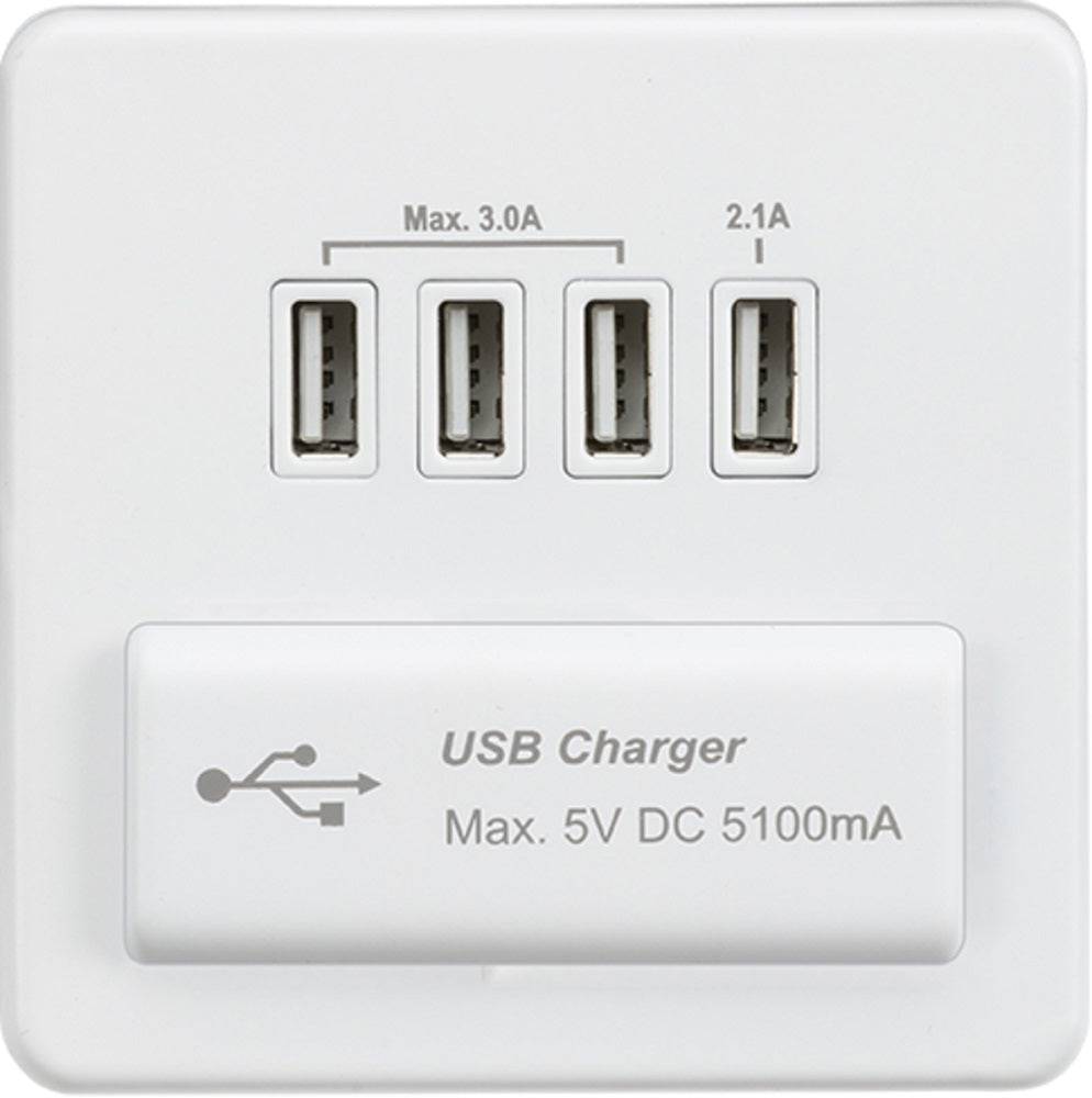 Knightsbridge Screwless Matt White Quadruple USB Charger SFQUADMW - The Switch Depot