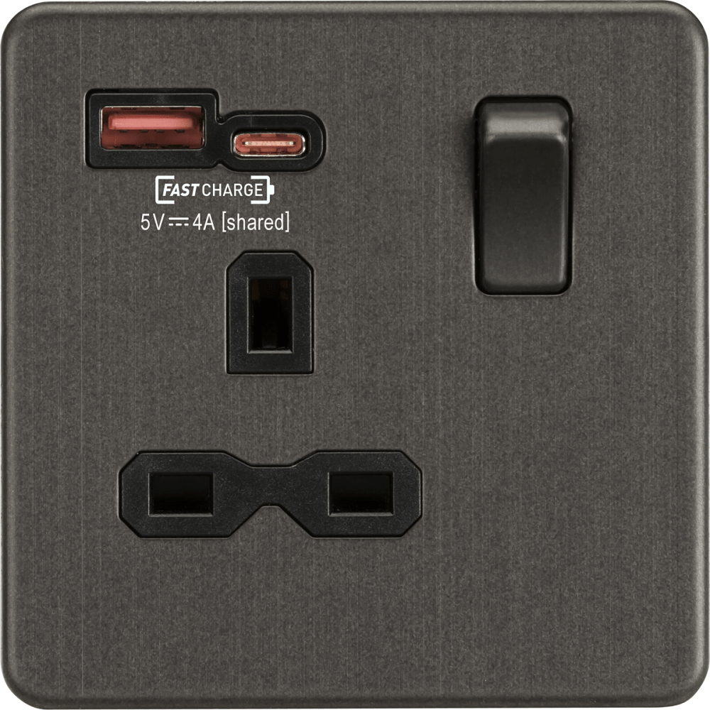 Knightsbridge Screwless Smoked Bronze Single A+C USB Socket SFR9919SB - The Switch Depot