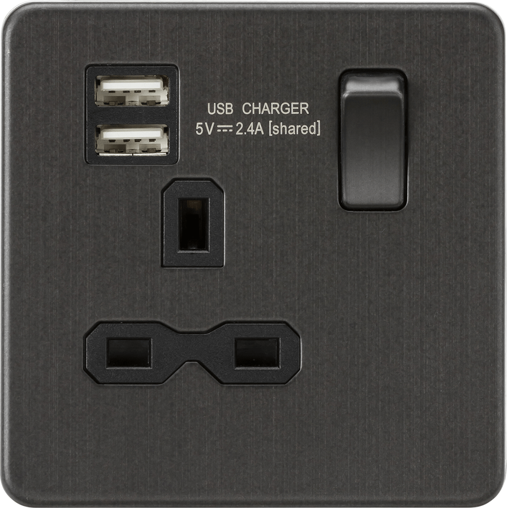 Knightsbridge Screwless Smoked Bronze Single USB Socket SFR9124SB - The Switch Depot