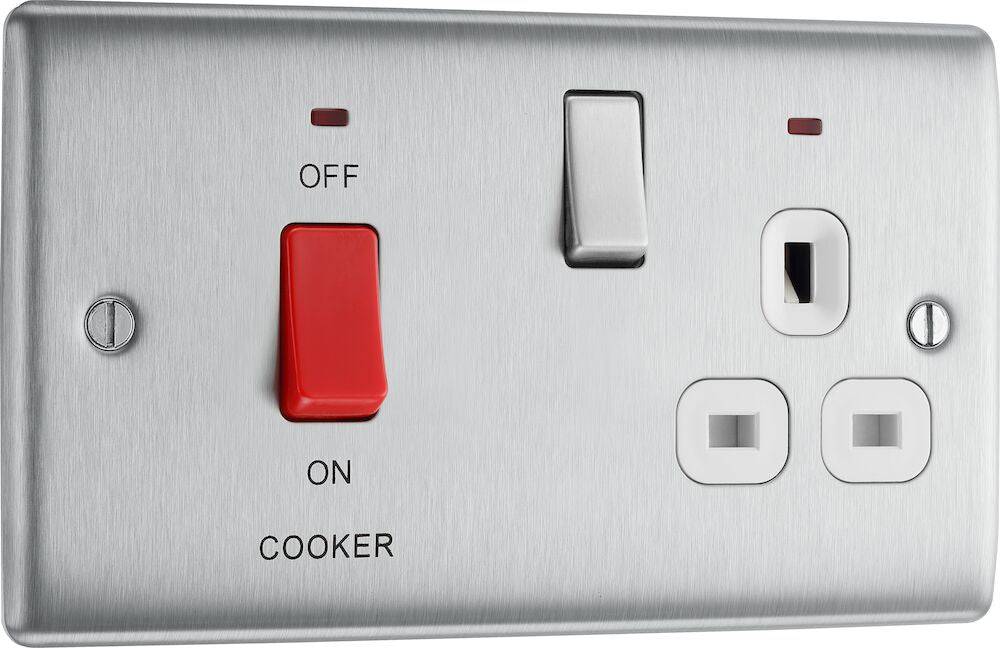 Nexus Metal Brushed Steel Cooker Switch with 13A Socket NBS70W - The Switch Depot