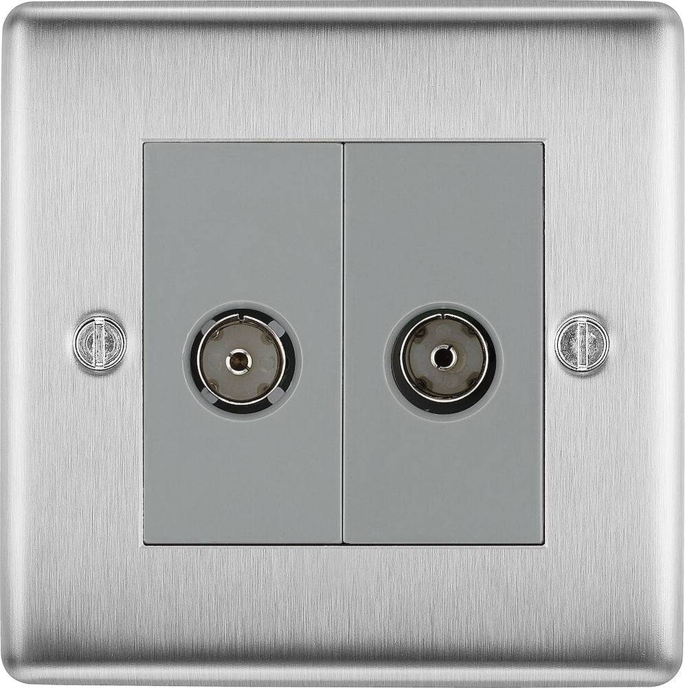 Nexus Metal Brushed Steel Double TV Socket NBS61G - The Switch Depot