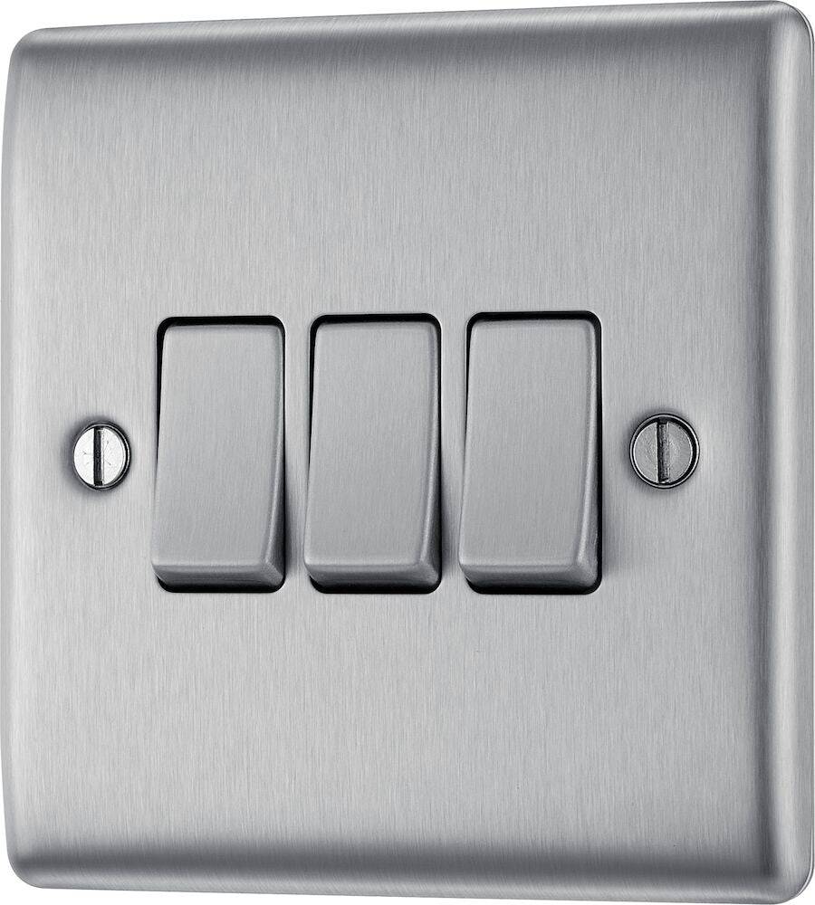 Nexus Metal Brushed Steel Light Switch 3G NBS43 - The Switch Depot