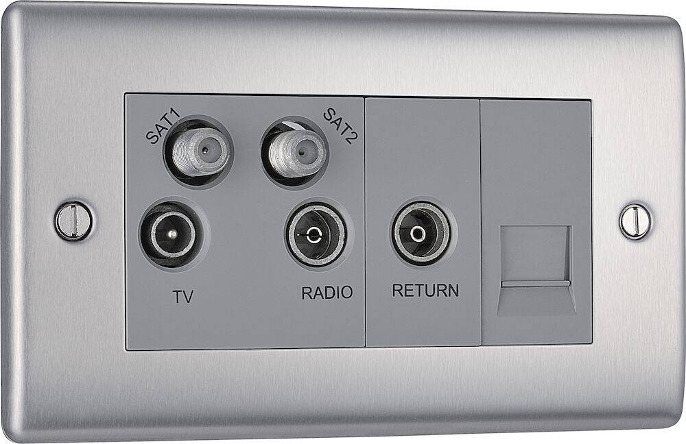 Nexus Metal Brushed Steel Quadplex Combination TV Socket NBS69G - The Switch Depot