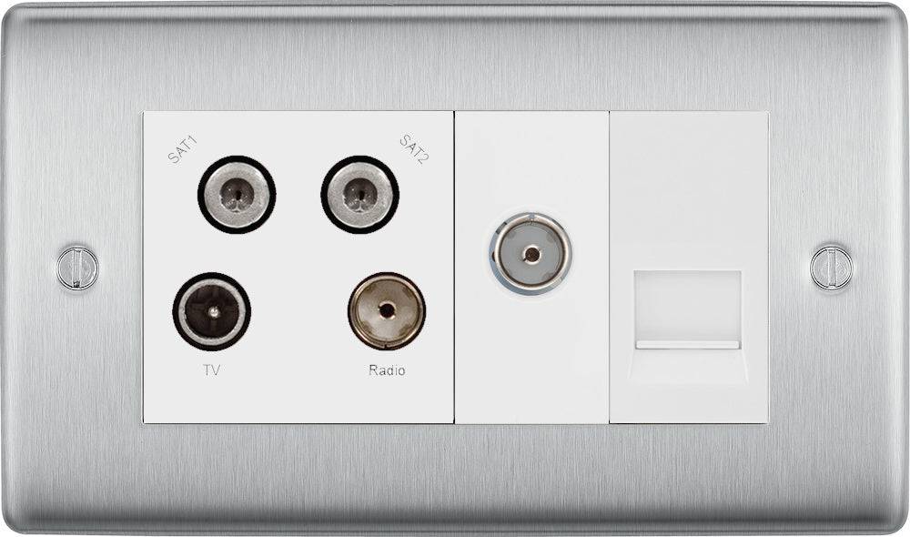 Nexus Metal Brushed Steel Quadplex Combination TV Socket NBS69W - The Switch Depot