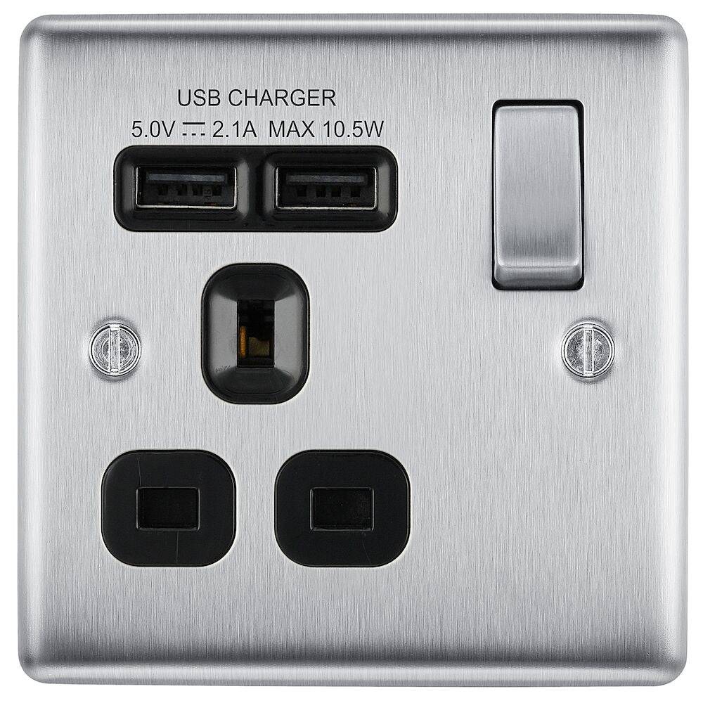 Nexus Metal Brushed Steel Single USB Socket NBS21U2B - The Switch Depot