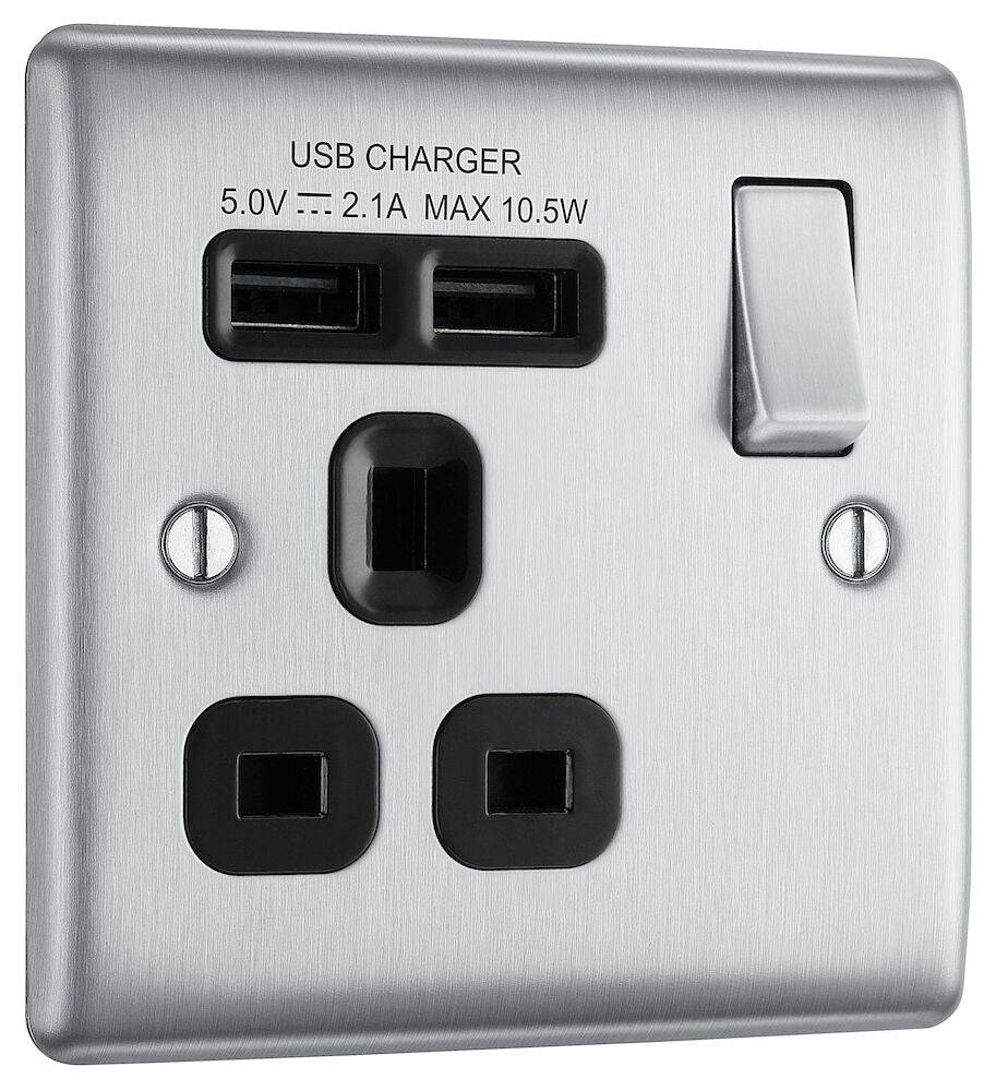 Nexus Metal Brushed Steel Single USB Socket NBS21U2B - The Switch Depot