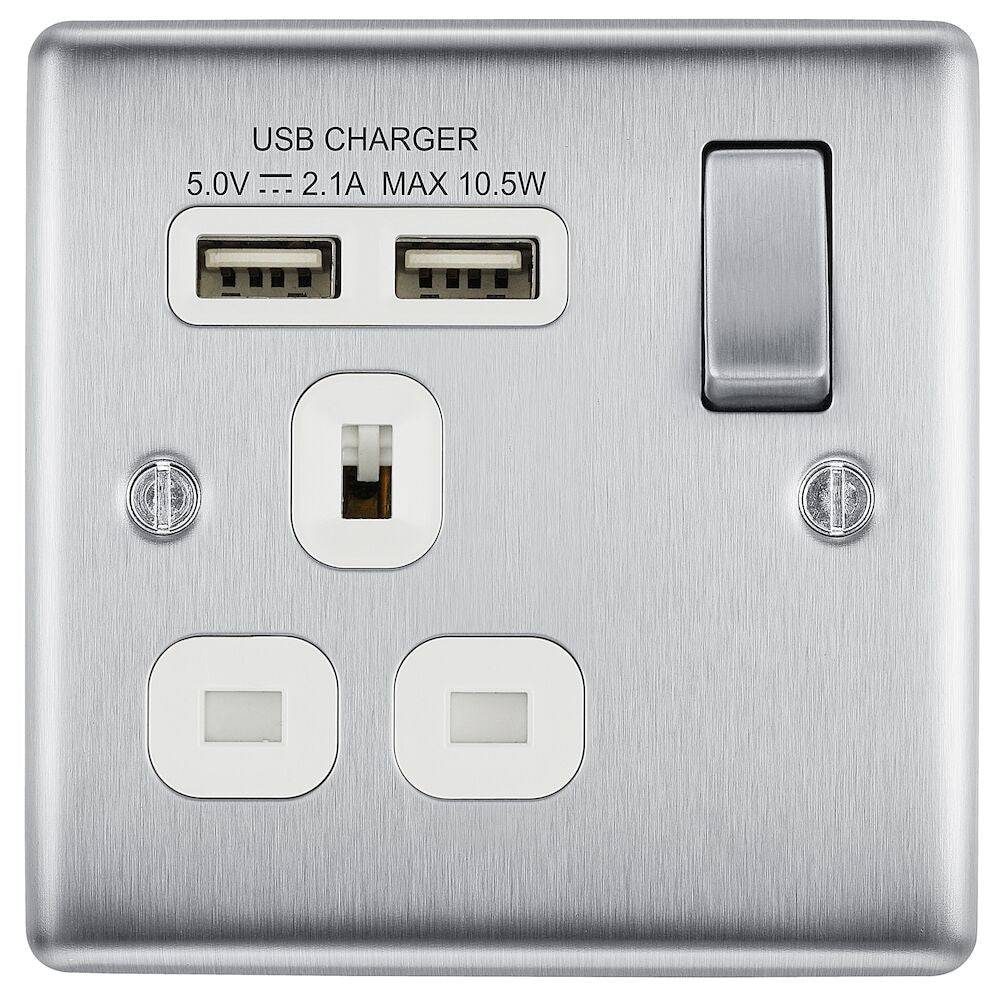 Nexus Metal Brushed Steel Single USB Socket NBS21U2W - The Switch Depot