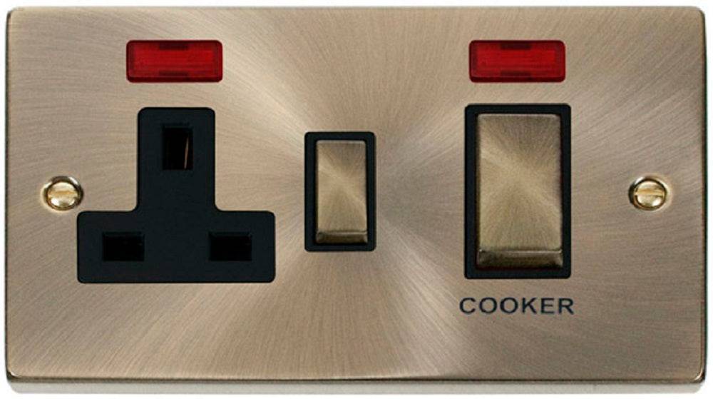 Click Deco Antique Brass 45A Cooker Switch with 13A Socket VPAB505BK - The Switch Depot