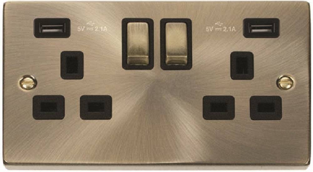 Click Deco Antique Brass Double USB Socket VPAB580BK - The Switch Depot