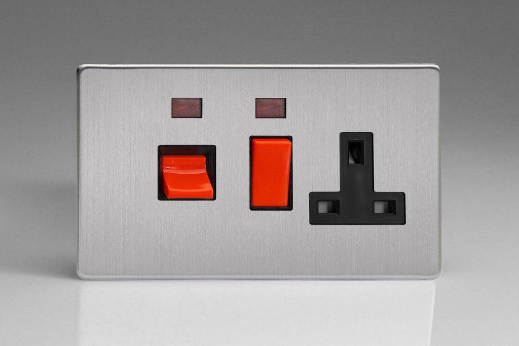 Varilight Screwless Brushed Steel Cooker Switch and 13A Socket with Neon XDS45PNBS - The Switch Depot