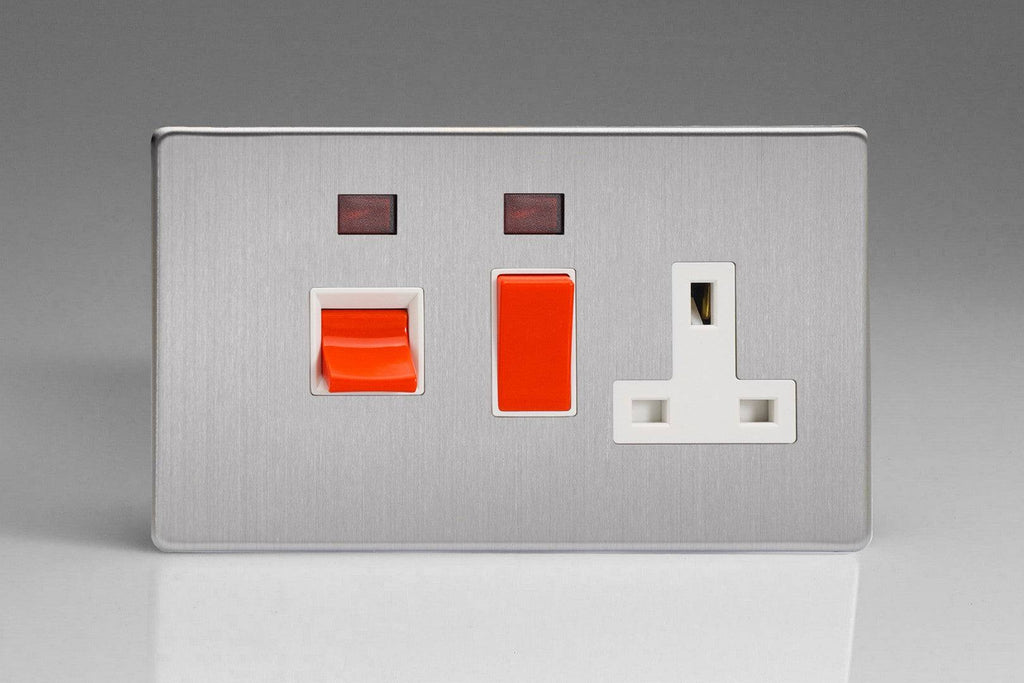 Varilight Screwless Brushed Steel Cooker Switch and 13A Socket with Neon XDS45PNWS - The Switch Depot