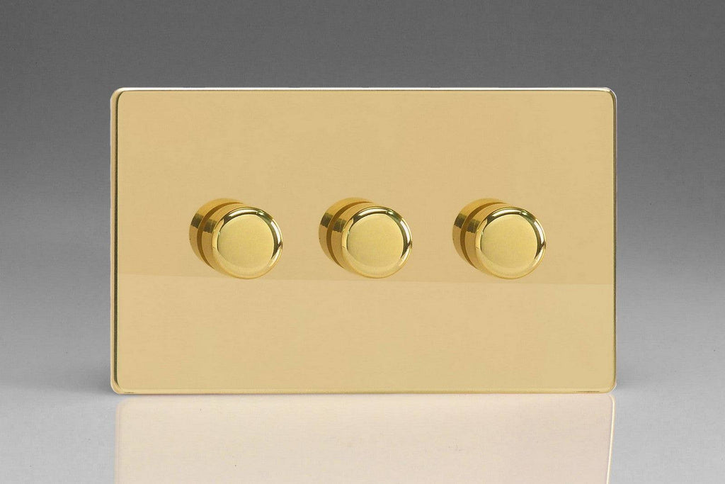 Varilight Screwless Polished Brass 3G Dimmer Switch JDVDP303S - The Switch Depot