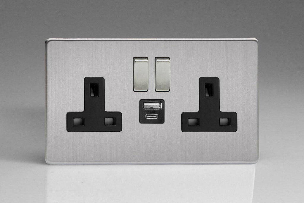 Varilight Screwless Brushed Steel Double USB Socket with A+C Ports XDS5UACBS - The Switch Depot