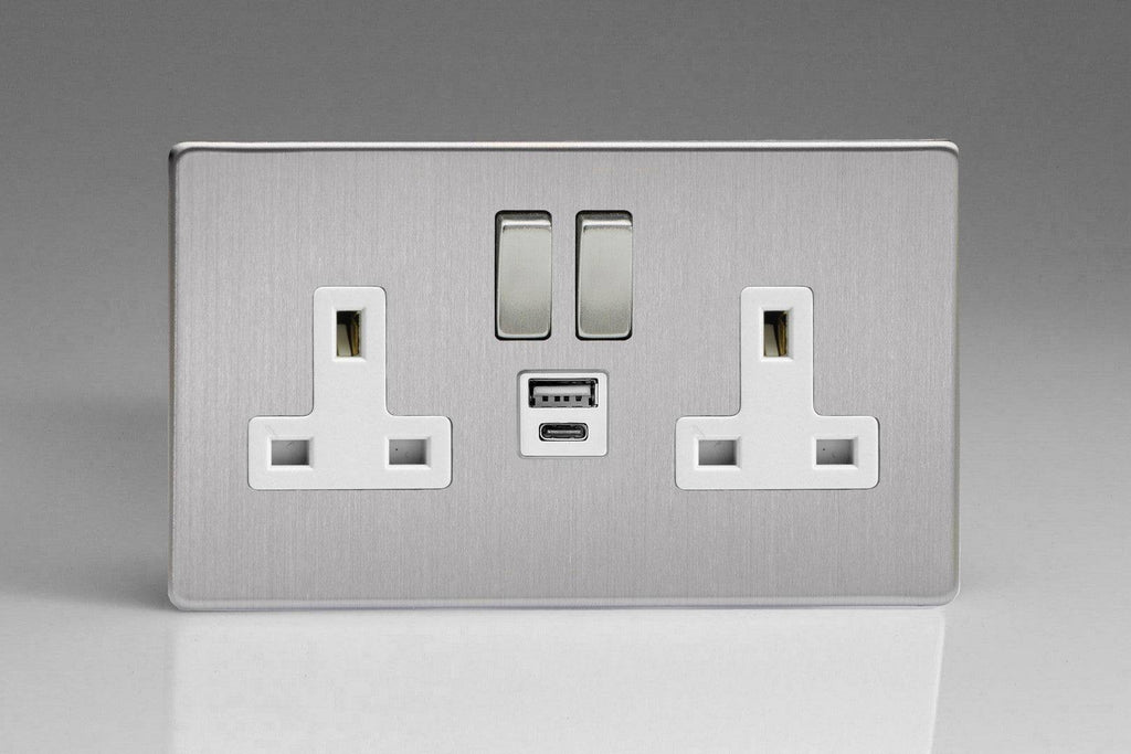 Varilight Screwless Brushed Steel Double USB Socket with A+C Ports XDS5UACWS - The Switch Depot