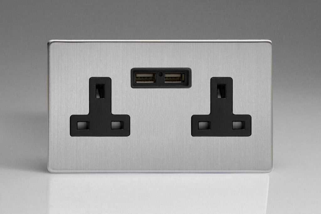 Varilight Screwless Brushed Steel Double USB Socket XDS5U2BS - The Switch Depot