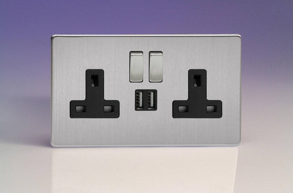 Varilight Screwless Brushed Steel Double USB Socket XDS5U2SBS - The Switch Depot