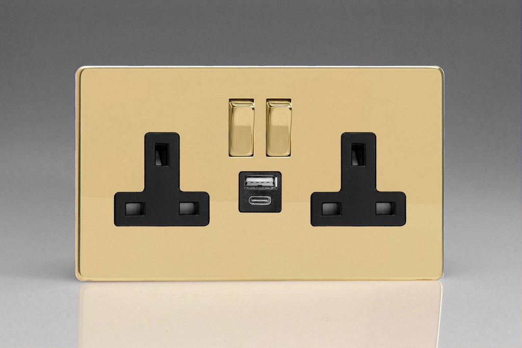 Varilight Screwless Polished Brass Double USB Socket with A+C Ports XDV5UACBS - The Switch Depot