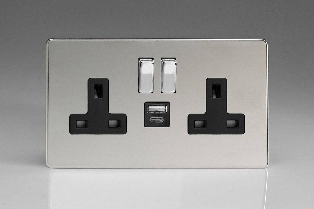 Varilight Screwless Polished Chrome Double USB Socket with A+C Ports XDC5UACBS - The Switch Depot